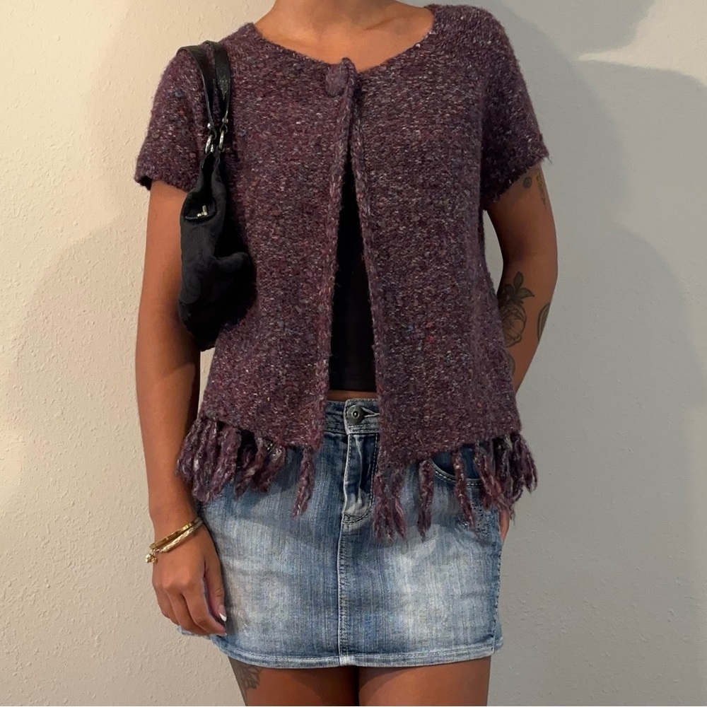 Vintage 90s Choices Purple Knit Fringe Soft Cardigan Top Medium